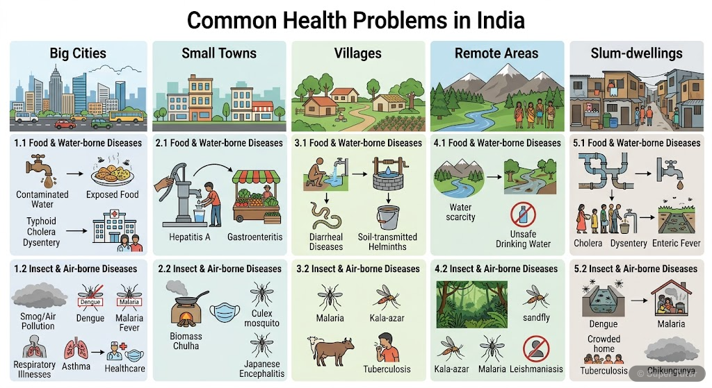 An infographic illustrating the common health problems in India, categorized by their nature (food/water-borne, insect/air-borne) and showing how they relate to different habitation types (cities, vil