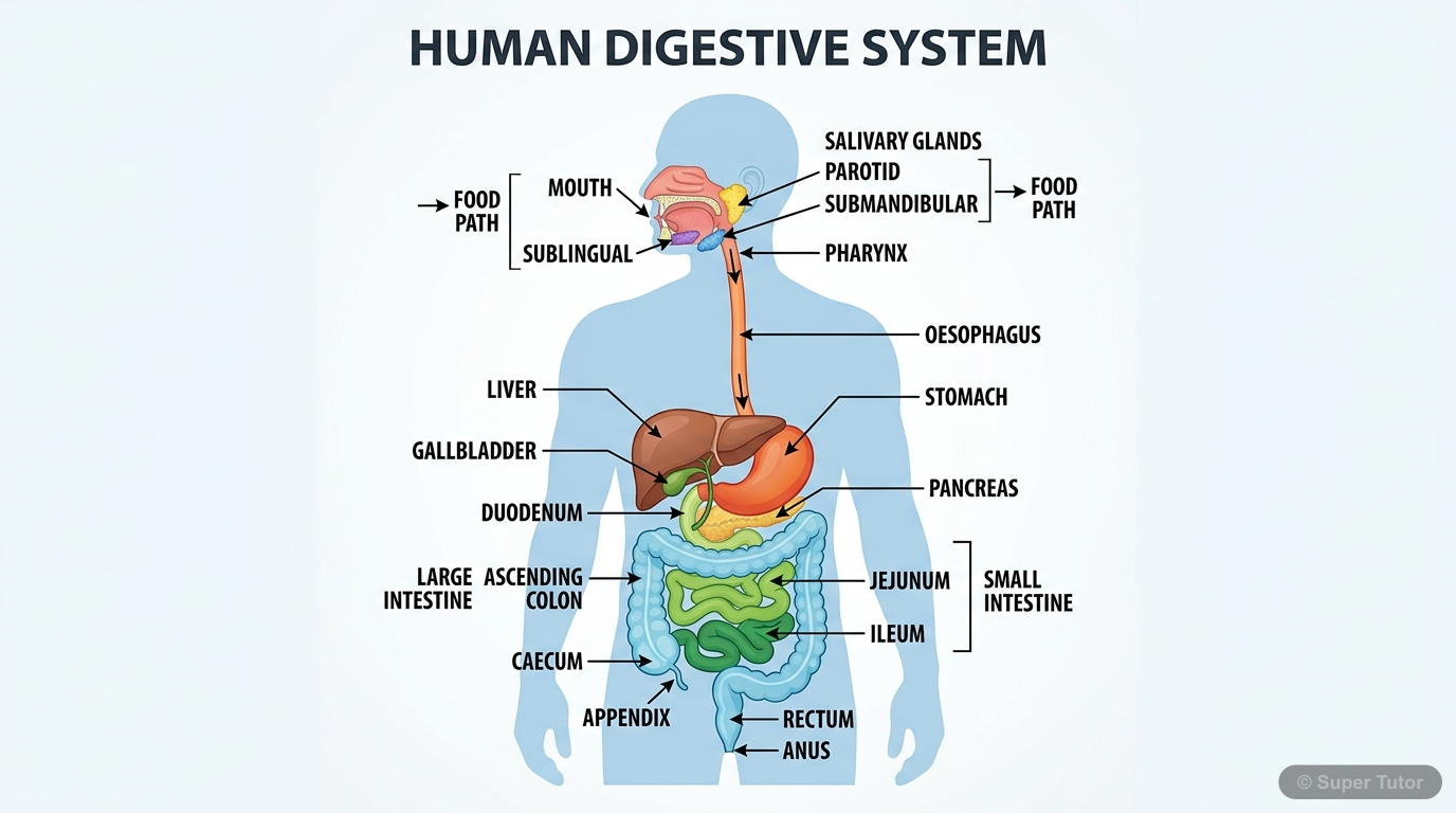 A comprehensive labeled diagram of the human alimentary canal and its associated digestive glands, showing the path of food.