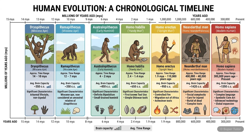 A timeline illustrating the major stages and species in human evolution, including their approximate time of existence, brain capacity, and key characteristics.