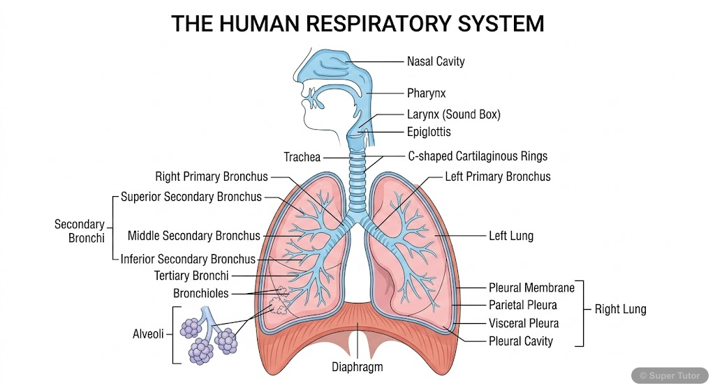 Human Respiratory System Anatomy A detailed labeled diagram of the human respiratory system, showing the pathway of air from the nasal cavity to the alveoli, including the pharynx, larynx, trachea, bronchi, bronchioles, and lungs. Al