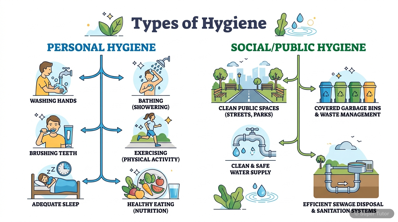 Types of Hygiene An infographic illustrating the main categories of hygiene: personal hygiene and social/public hygiene, with key components for each.