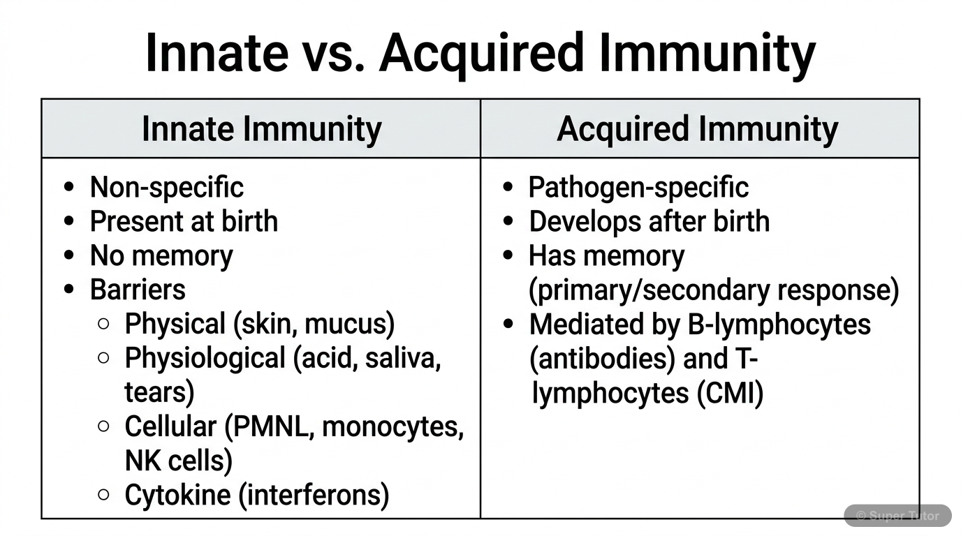 Types of Immunity: Innate vs. Acquired A comparison chart outlining the key differences between innate and acquired immunity, including specificity, presence at birth, and components.