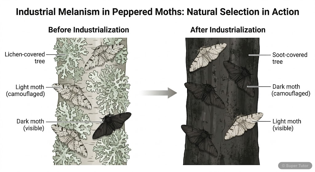 A comparison illustration showing the peppered moth (Biston betularia) in two scenarios: before industrialization (light moths camouflaged on lichen-covered trees, dark moths visible) and after indust