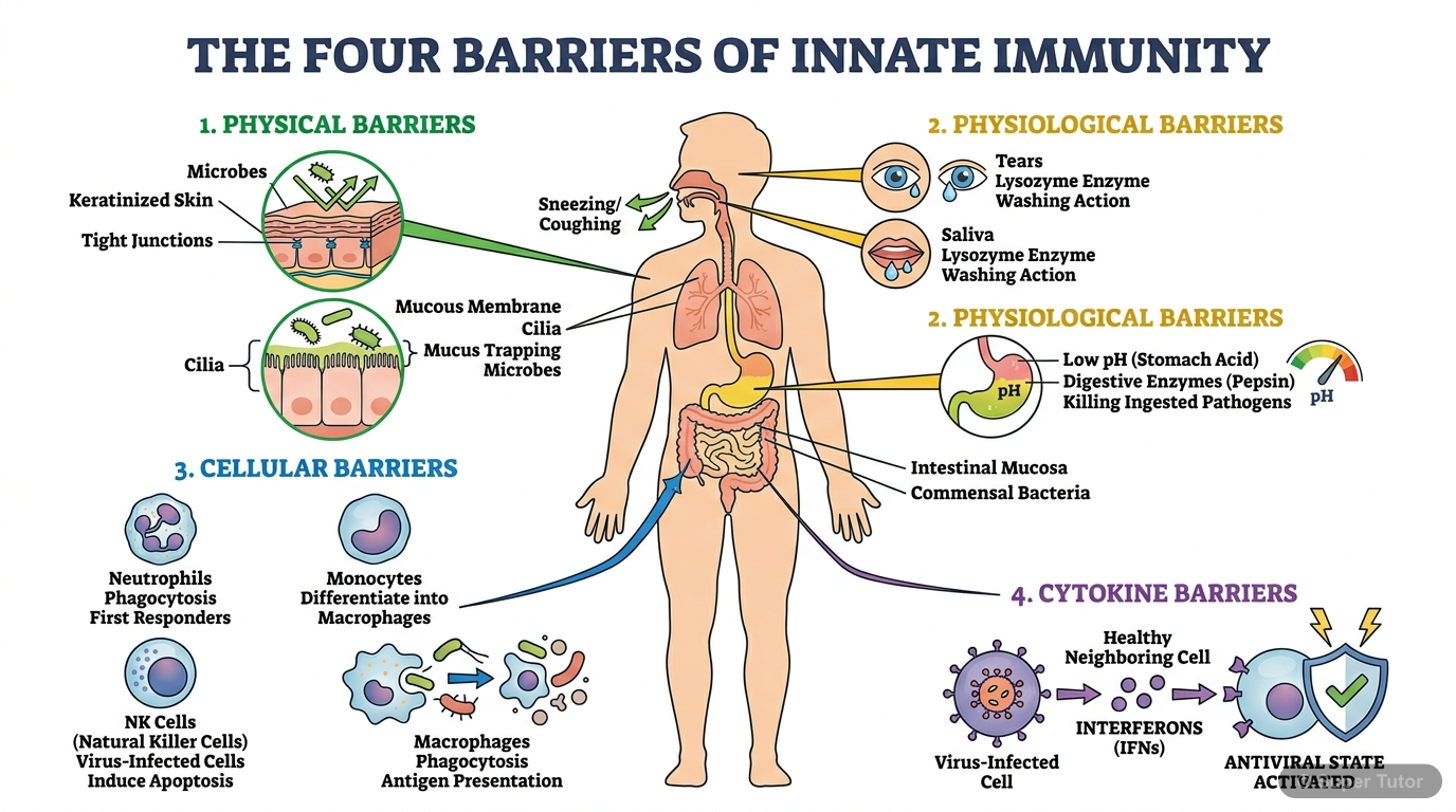 Innate Immunity: Four Barriers A diagram illustrating the four types of innate immunity barriers: physical, physiological, cellular, and cytokine, with examples for each.