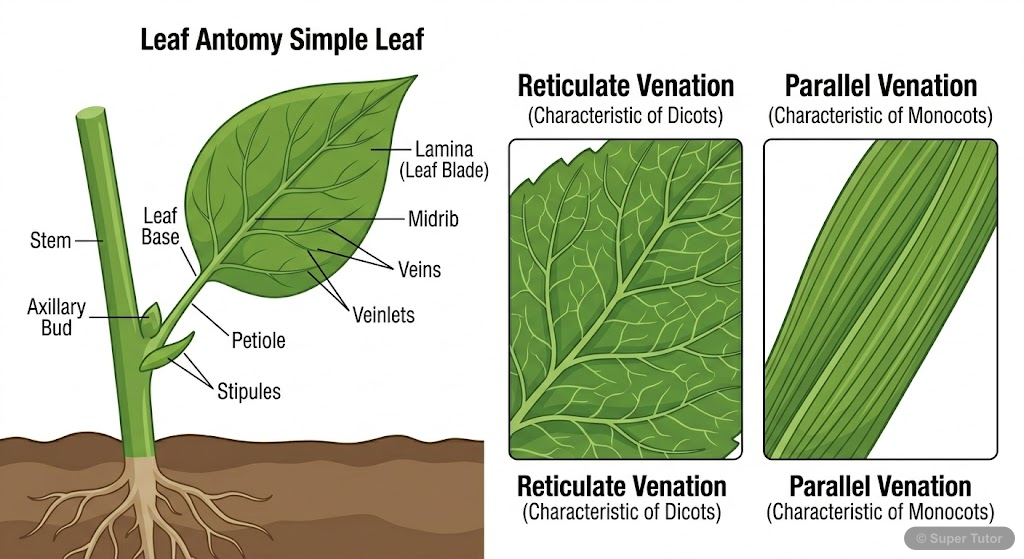 Parts of a Leaf and Venation Types A labeled diagram of a typical leaf showing its parts (leaf base, petiole, lamina, midrib, veins, veinlets) and a comparison of reticulate and parallel venation.