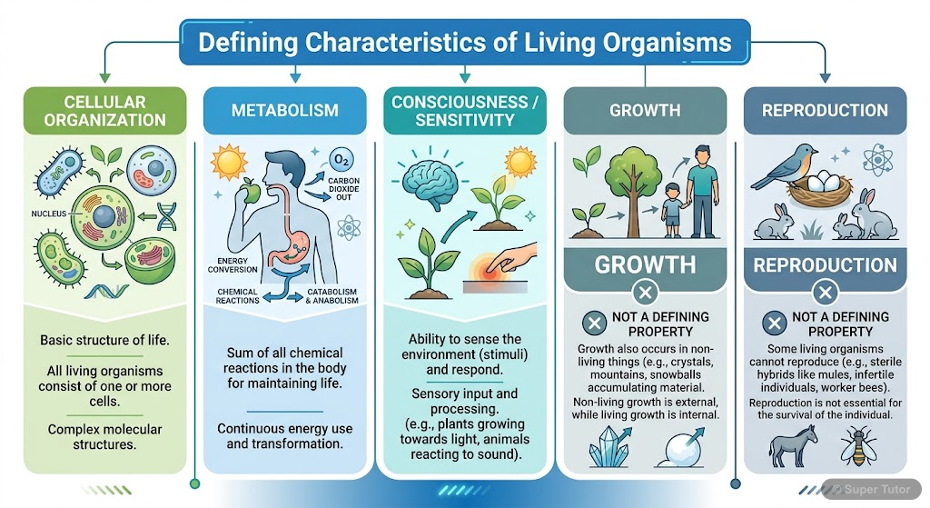 An infographic illustrating the key characteristics of living organisms (growth, reproduction, metabolism, cellular organization, consciousness) and clearly distinguishing between defining and non-def