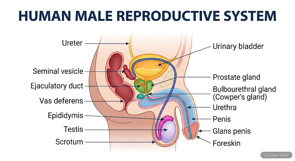 A detailed labeled diagram showing the internal and external organs of the human male reproductive system, including testes, epididymis, vas deferens, seminal vesicle, prostate gland, bulbourethral gl