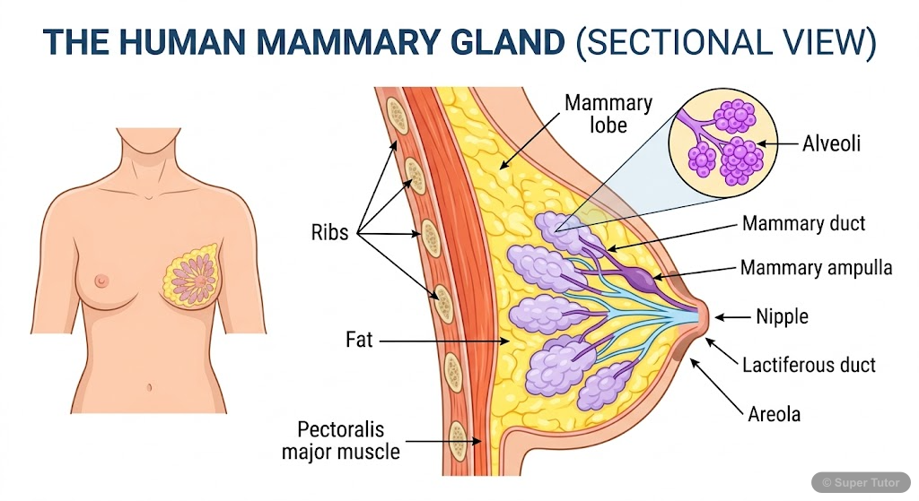 A labeled sectional view of the human mammary gland, showing mammary lobes, alveoli, mammary ducts, mammary ampulla, lactiferous ducts, nipple, areola, fat, and muscles (pectoralis major, ribs).