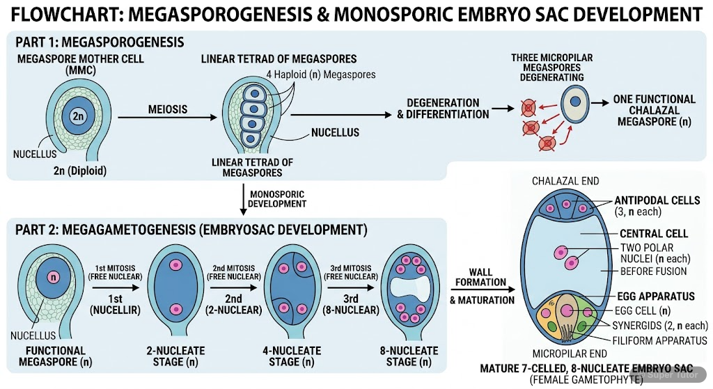 A flowchart illustrating the process of megasporogenesis (from MMC to functional megaspore) and the subsequent monosporic development of the female gametophyte (embryo sac) through mitotic divisions t