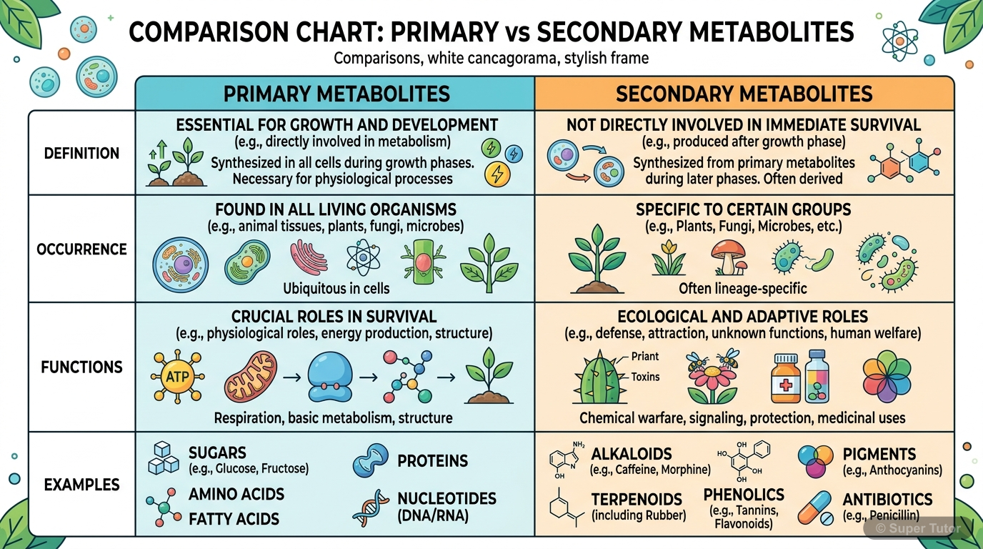 A comparison chart highlighting the differences between primary and secondary metabolites in terms of their functions, occurrence, and examples.