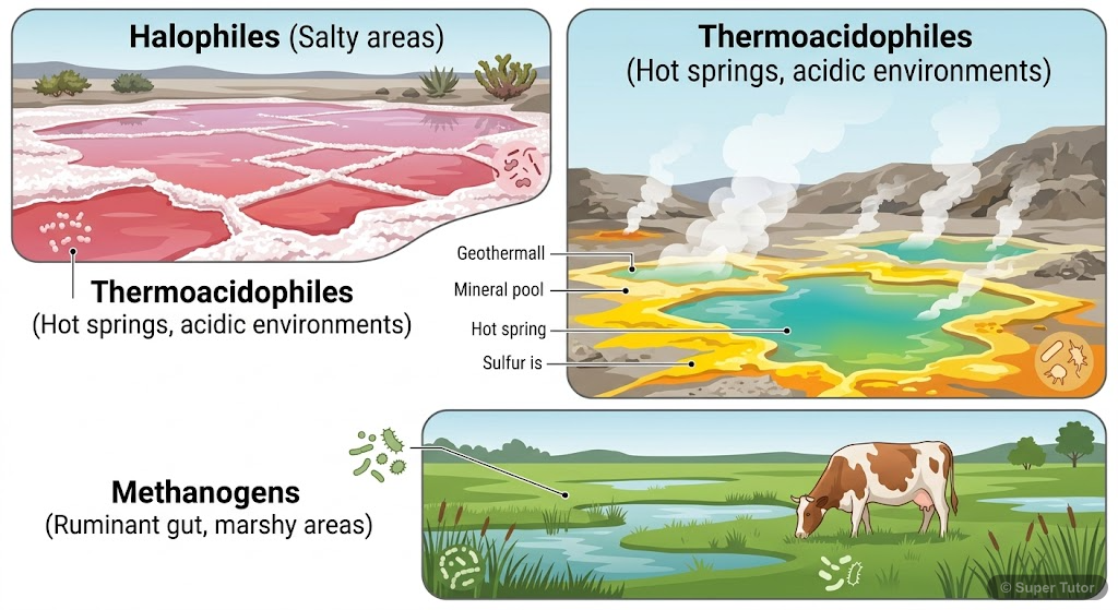 Habitats of Archaebacteria An illustration depicting the extreme environments where different types of Archaebacteria (Halophiles, Thermoacidophiles, Methanogens) thrive.