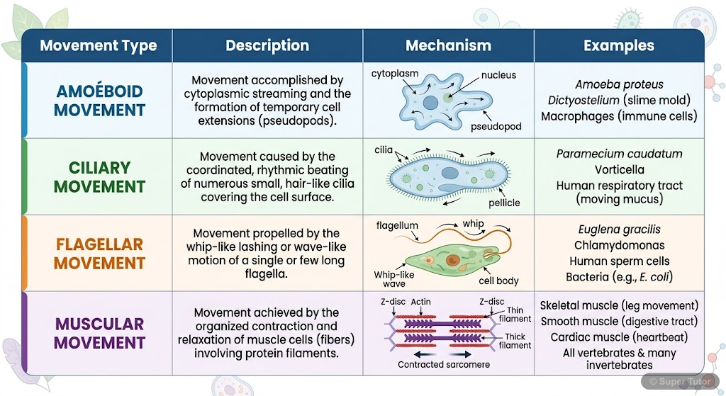 A comparison chart illustrating different types of movement found in biological systems, including amoeboid, ciliary, flagellar, and muscular movements, with examples for each.
