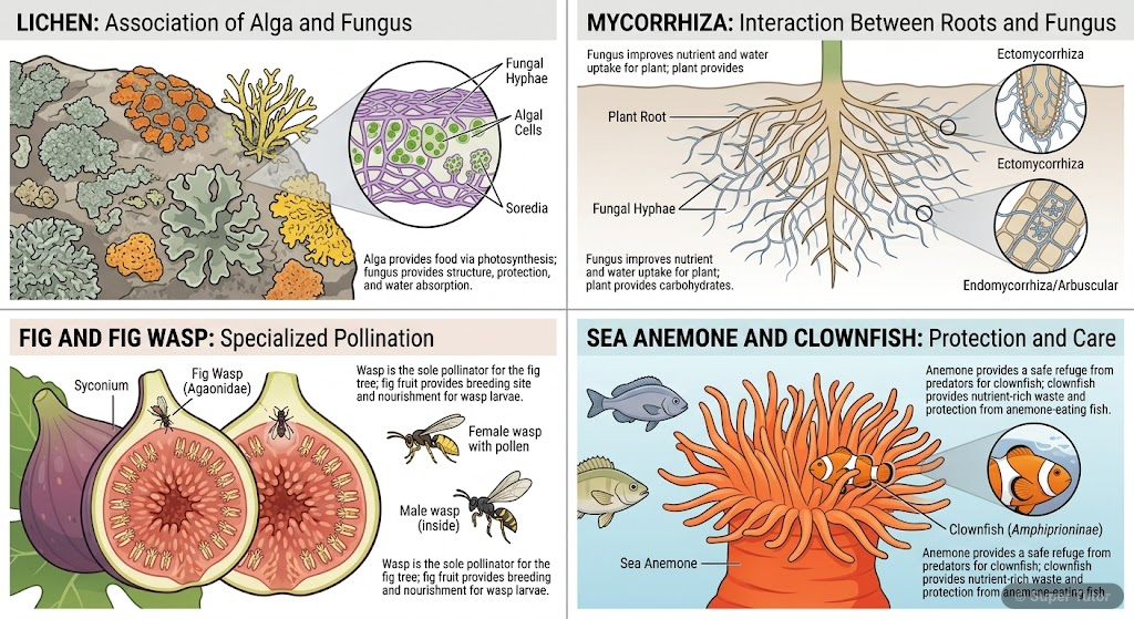 An illustration showcasing various examples of mutualistic relationships, such as lichens, mycorrhizae, fig and fig wasp, and sea anemone and clownfish.