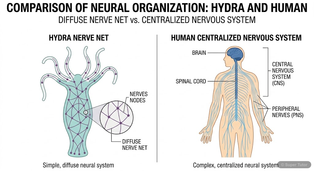 Illustrates the evolution of neural systems from simple nerve nets (e.g., Hydra) to more complex, centralized systems with a brain (e.g., human).