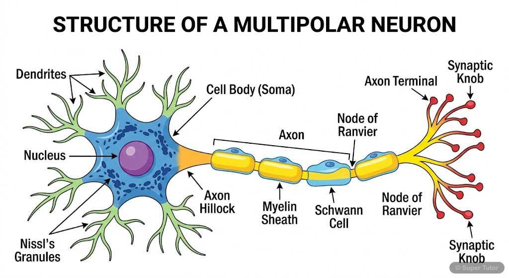 A detailed labeled diagram of a multipolar neuron, showing the cell body (soma), dendrites, axon, axon hillock, myelin sheath, Schwann cells, Nodes of Ranvier, and axon terminal with synaptic knobs.