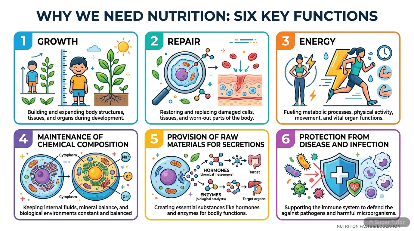 An infographic illustrating the six main purposes of nutrition for living organisms: growth, repair, energy, maintenance of chemical composition, provision of raw materials for secretions, and protect