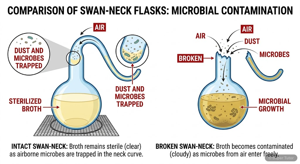 A comparison diagram showing Louis Pasteur's swan-neck flask experiment, illustrating how life does not arise spontaneously from non-living matter.