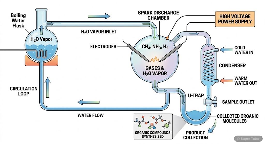 A detailed labeled diagram of the Miller-Urey experiment apparatus, showing the closed system designed to simulate primitive Earth conditions and the formation of organic molecules.