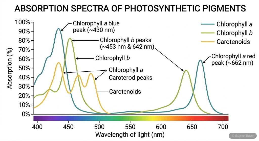 Absorption Spectra of Photosynthetic Pigments A graph showing the absorption spectra of chlorophyll a, chlorophyll b, and carotenoids, indicating their peak absorption wavelengths across the visible light spectrum.