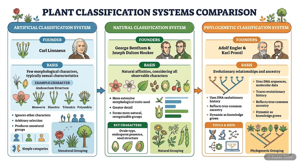 An infographic comparing Artificial, Natural, and Phylogenetic systems of plant classification, highlighting their bases, advantages, and disadvantages. Include key figures like Linnaeus, Bentham & Ho