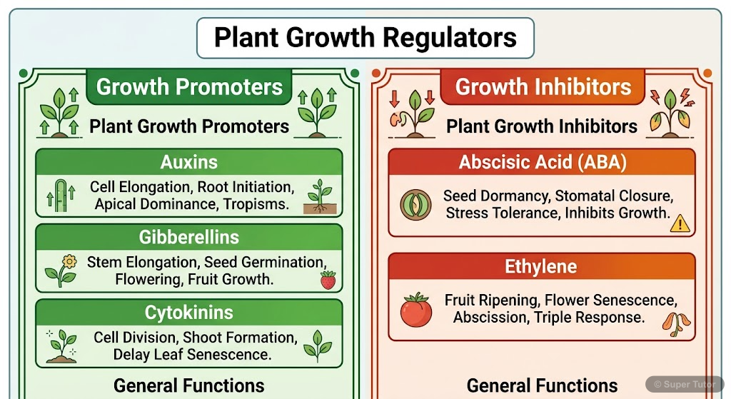 An infographic classifying plant growth regulators into promoters (Auxins, Gibberellins, Cytokinins) and inhibitors (Abscisic Acid, Ethylene), with their general functions.