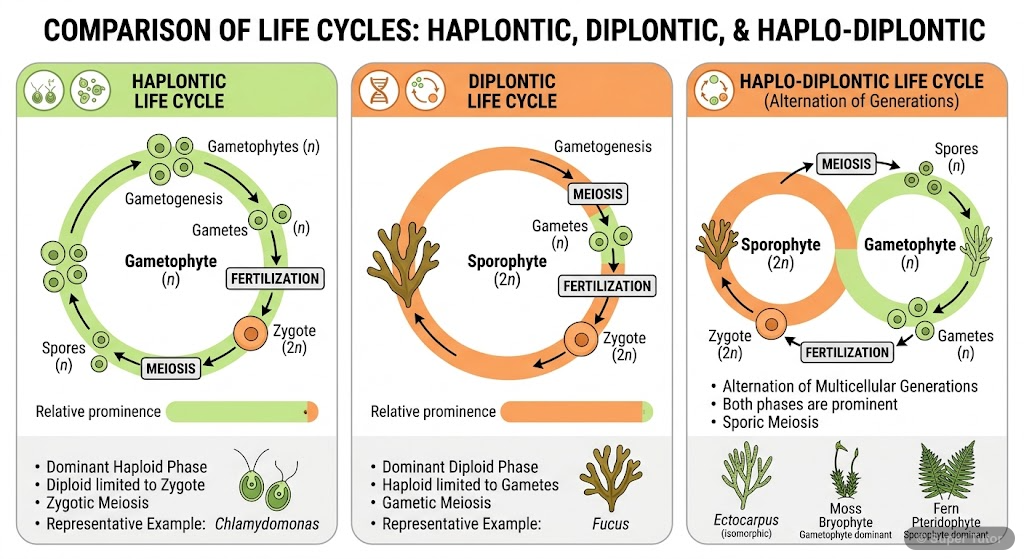 An infographic comparing the three main types of plant life cycles: Haplontic, Diplontic, and Haplo-diplontic, highlighting the dominant phase and key organisms for each.