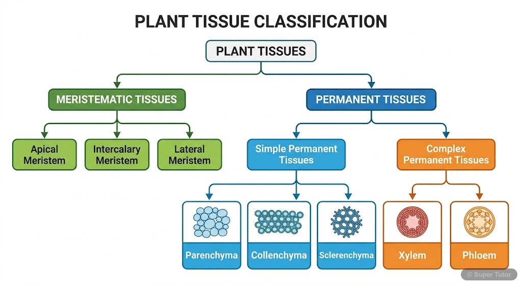 Overview of Plant Tissue Systems A flowchart illustrating the classification of plant tissues into meristematic and permanent tissues, further subdividing permanent tissues into simple and complex types.