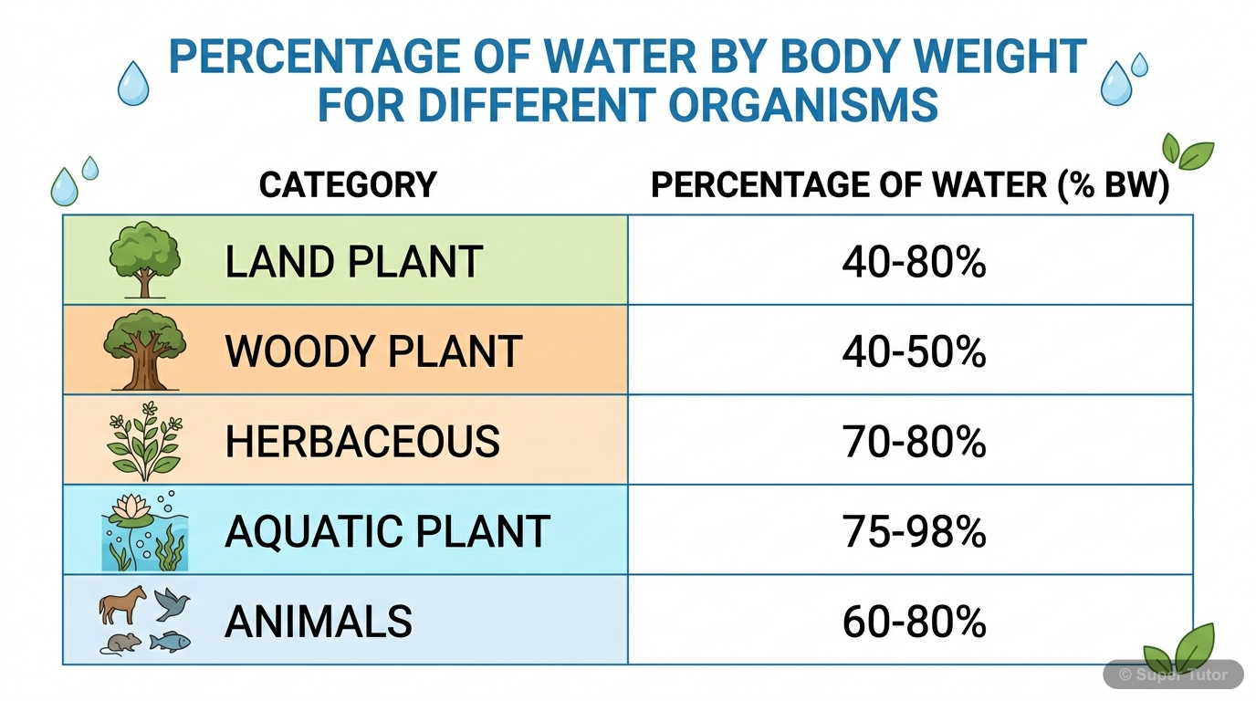 Water Content in Different Organisms A table comparing the percentage of water by body weight in various land plants, woody plants, herbaceous plants, aquatic plants, and animals.