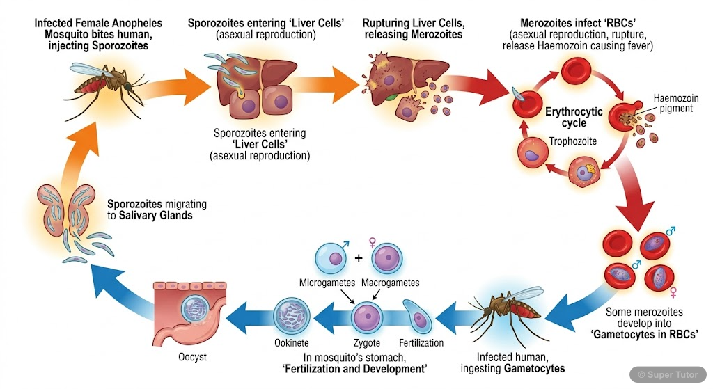 A detailed flowchart illustrating the complex life cycle of the Plasmodium parasite, involving both human and female Anopheles mosquito hosts, highlighting key stages like sporozoites, merozoites, gam