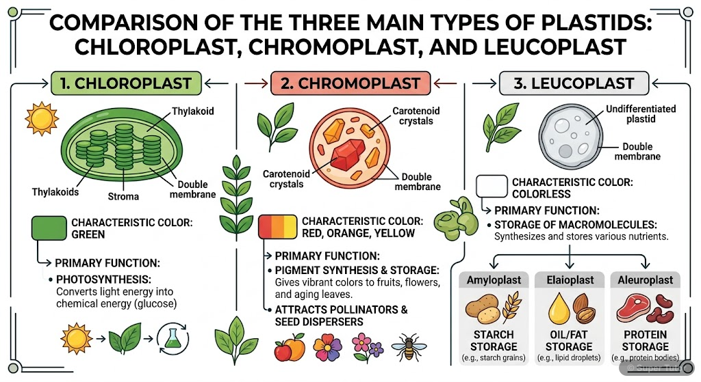 Types of Plastids and Their Functions An infographic comparing the three main types of plastids: chloroplasts (green, photosynthesis), chromoplasts (colored, pigment storage), and leucoplasts (colorless, storage of starch, oils, proteins