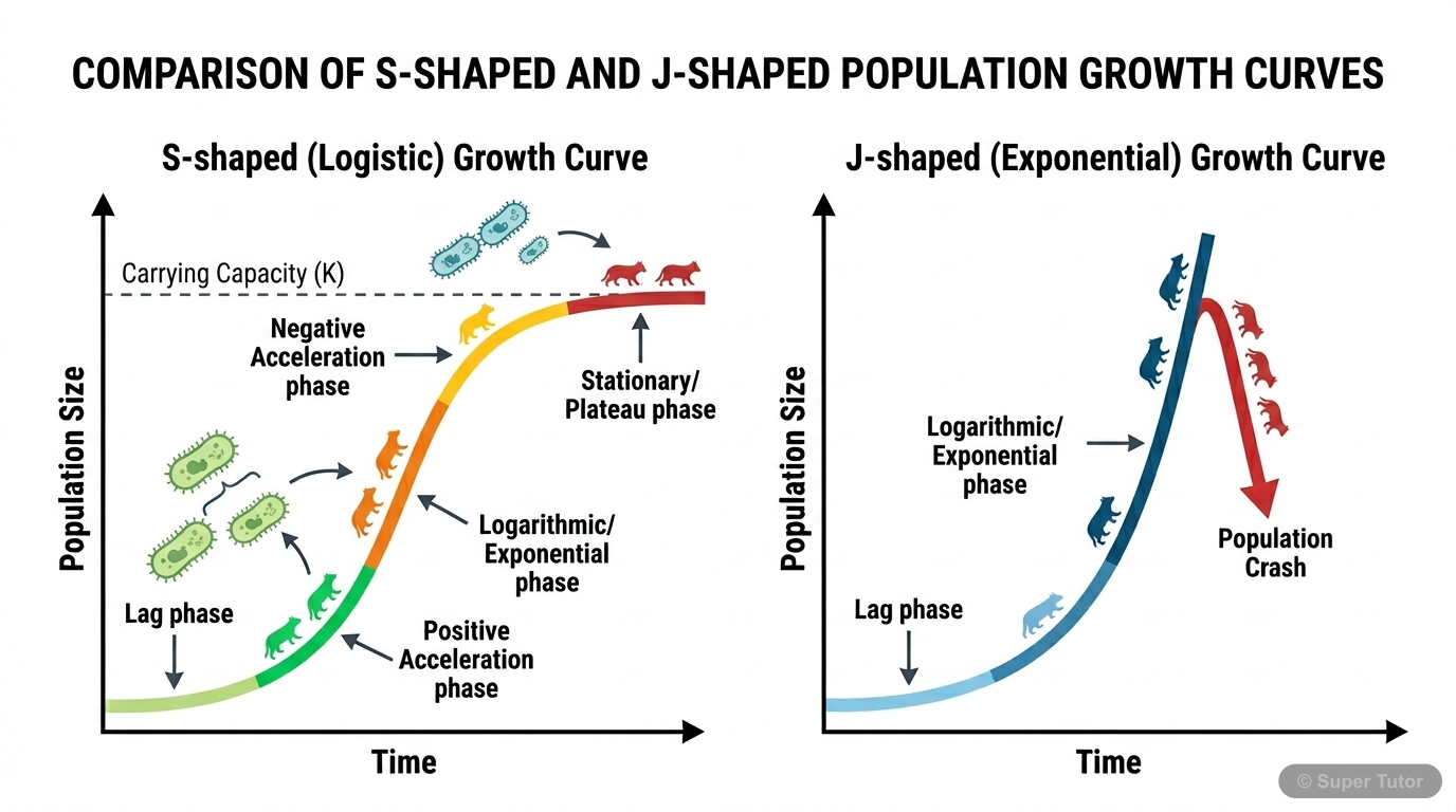 An infographic comparing the S-shaped (logistic) and J-shaped (exponential) population growth curves, highlighting their phases and limiting factors.