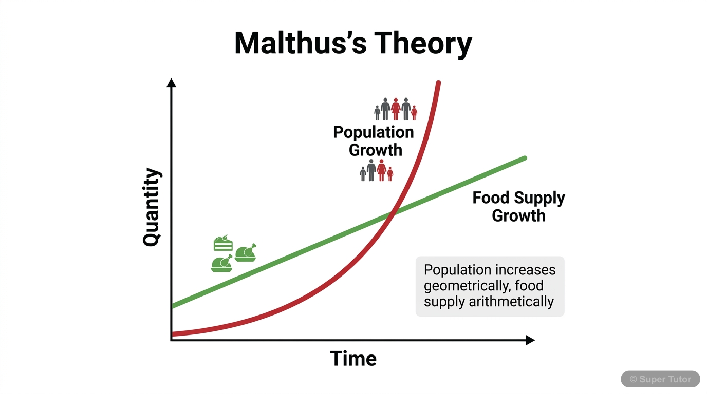 Malthusian Theory of Population Growth An infographic illustrating Thomas Malthus's theory that population tends to increase geometrically while food supply increases arithmetically, leading to potential crises.