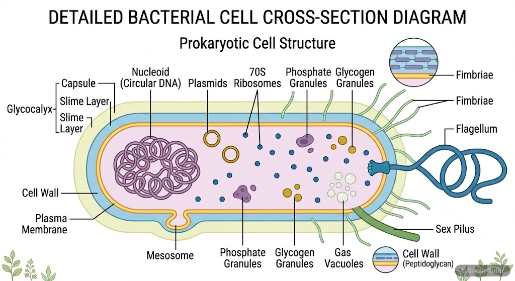 Structure of a Typical Prokaryotic Cell (Bacterium) A detailed, labeled diagram of a typical prokaryotic cell, such as a bacterium, showing its major components like cell envelope (glycocalyx, cell wall, plasma membrane), nucleoid, plasmid, flagellum,