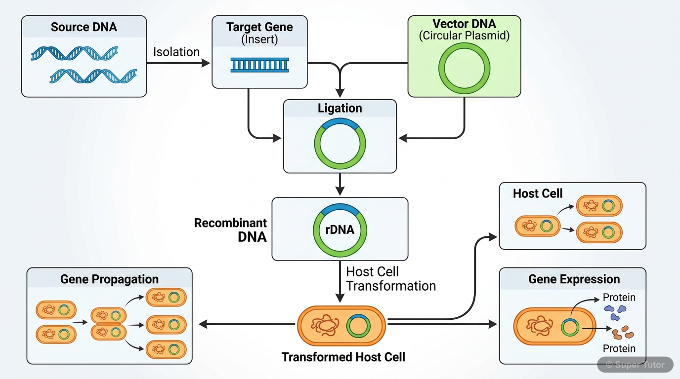 Recombinant DNA Technology Overview A flowchart illustrating the two major steps of recombinant DNA technology: isolation of target gene (insert) and its insertion into a vector to form recombinant DNA (rDNA), followed by introduction i