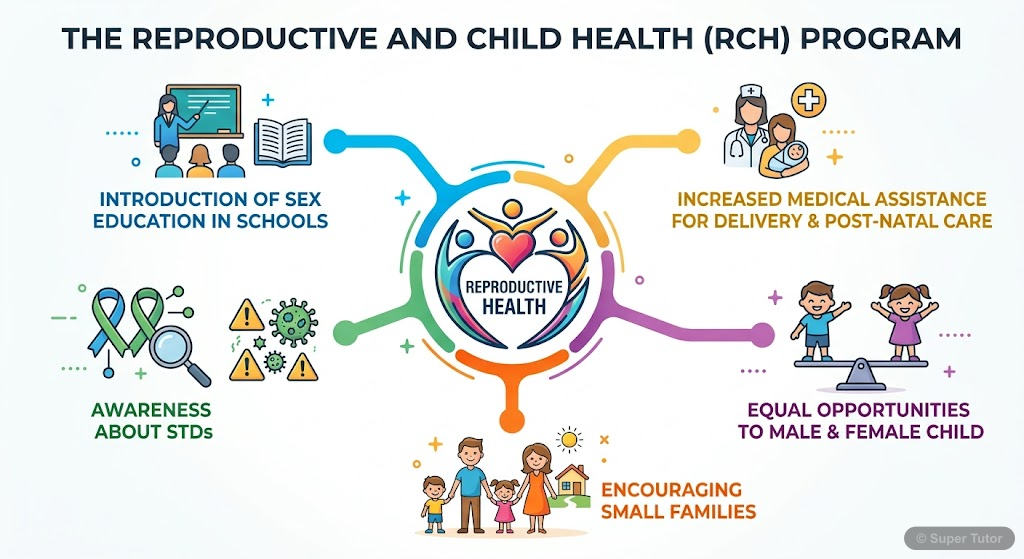 An infographic illustrating the key components and goals of the Reproductive and Child Health (RCH) program in India, including awareness, medical assistance, STD prevention, and family planning.