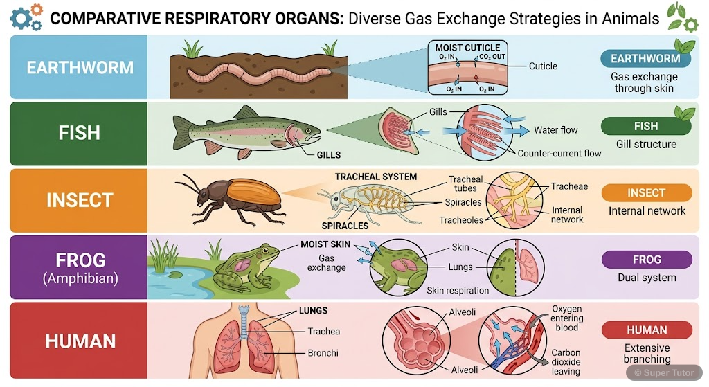 Comparative Respiratory Organs in Animals An infographic comparing different types of respiratory organs found in various animals, such as moist cuticle (earthworm), gills (fish, aquatic arthropods, molluscs), tracheal tubes (insects), and lu