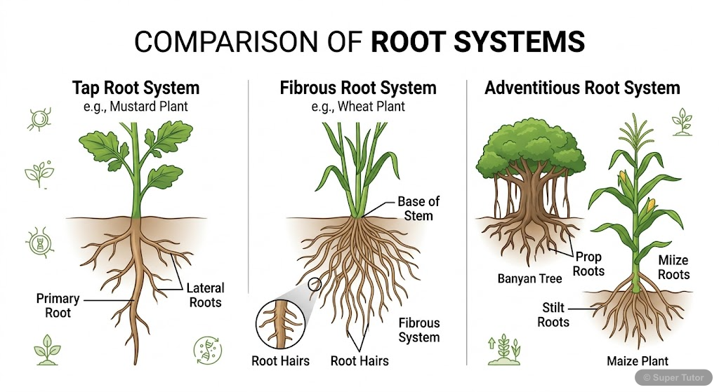 A comparison illustration showing three main types of root systems: tap root, fibrous root, and adventitious root systems, with examples.