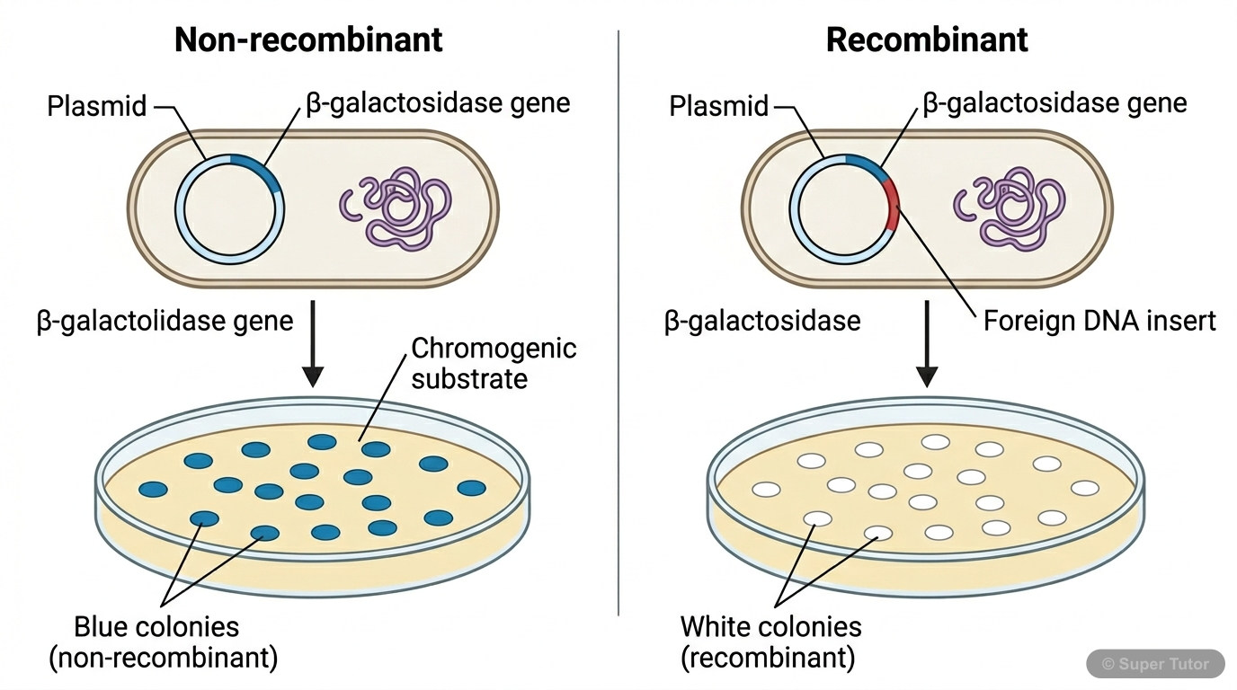 A diagram illustrating the concept of insertional inactivation using a chromogenic substrate, where insertion of foreign DNA into a gene (e.g., β-galactosidase) inactivates it, leading to a visible ch