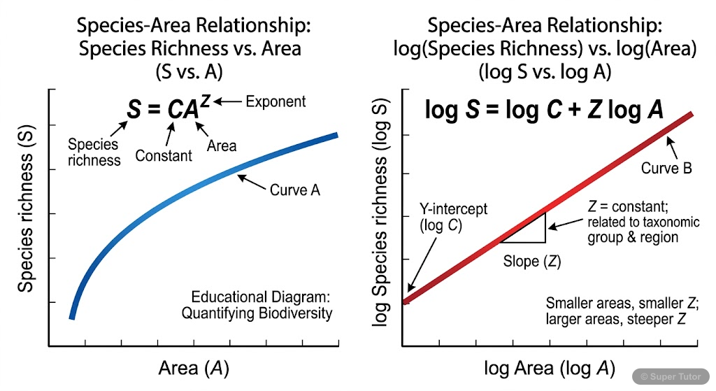 A graph illustrating the species-area relationship, showing both the rectangular hyperbola (S=CA^Z) and its logarithmic linear form (log S = log C + Z log A).