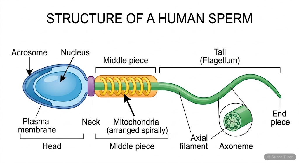 Structure of a Human Sperm A detailed labeled diagram of a human sperm, showing the head (acrosome, nucleus), neck, middle piece (mitochondria), and tail (flagellum).