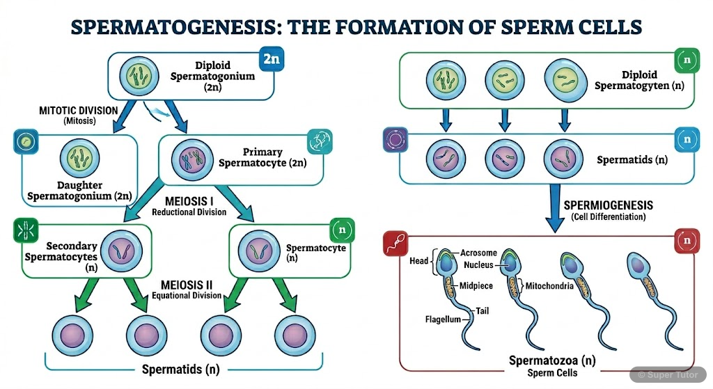 A flowchart illustrating the stages of spermatogenesis, from spermatogonia to spermatozoa, including mitotic divisions, meiotic divisions (Meiosis I and Meiosis II), and spermiogenesis. Indicate ploid