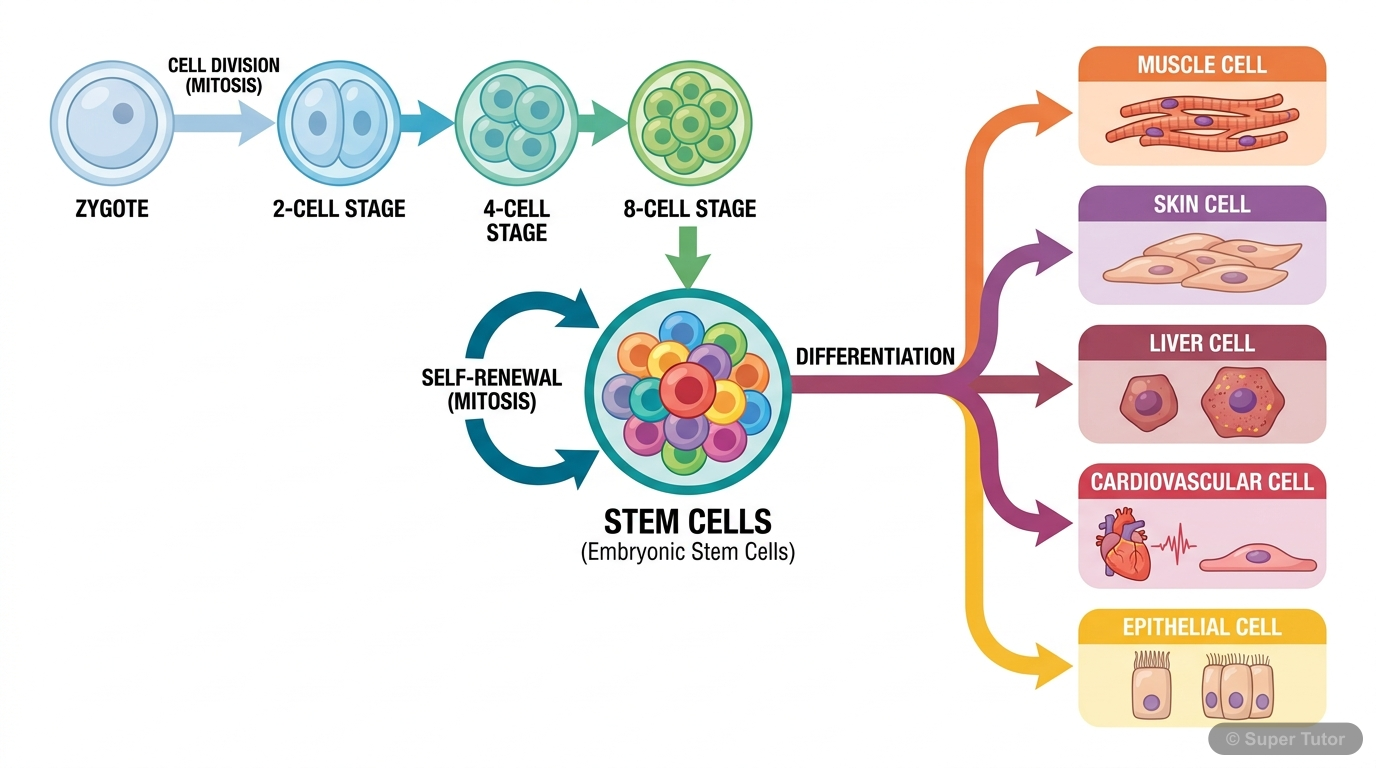 Stem Cell Differentiation Process A flowchart illustrating the journey from a zygote to a variety of specialized cells, highlighting the role of stem cells as immature cells with self-renewal and differentiation potential.