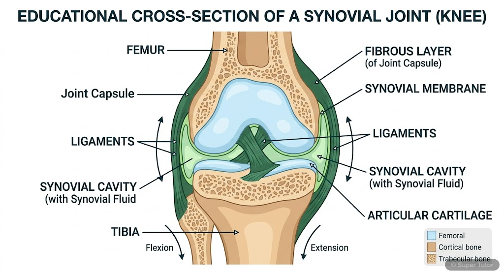 A labeled cross-section diagram of a typical synovial joint, showing the articulating bones, articular cartilage, joint capsule, synovial membrane, and synovial fluid.
