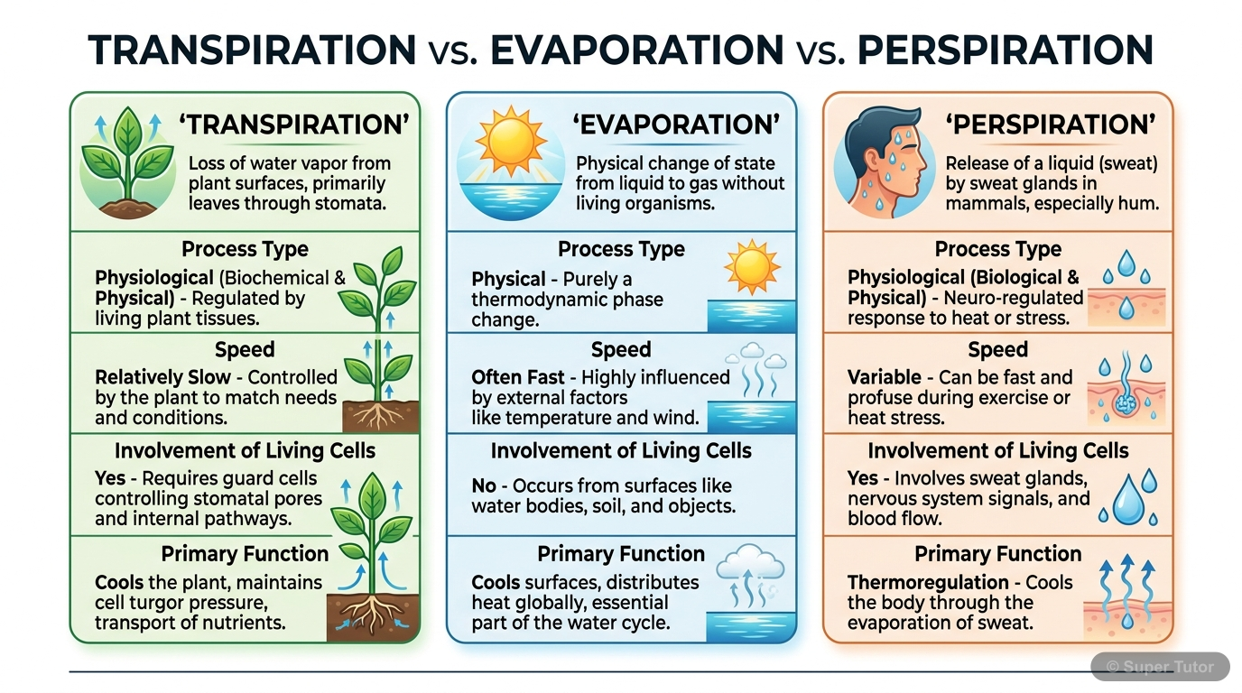 A comparison chart highlighting the key differences between transpiration, evaporation, and perspiration in terms of process type, speed, cellular involvement, and primary function.