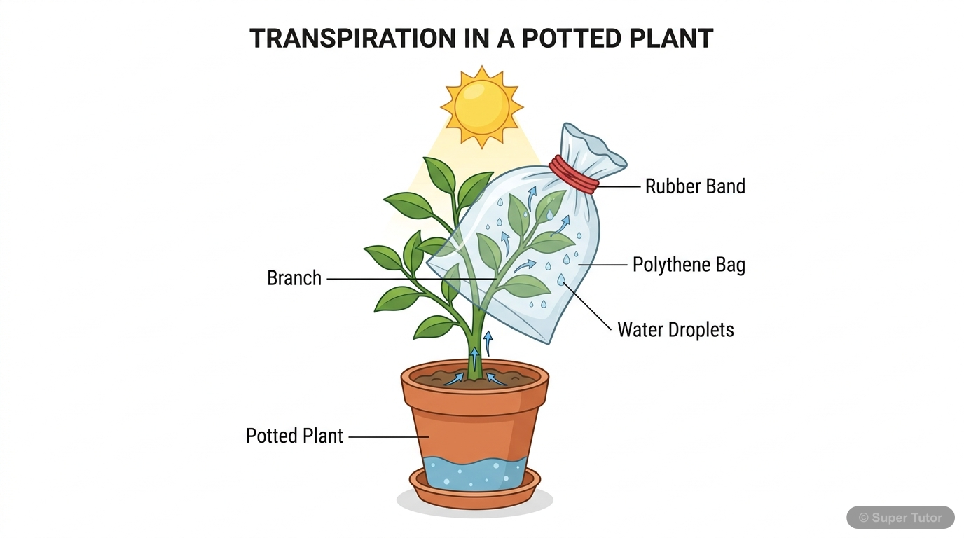 Demonstration of Transpiration: Polythene Bag Method A labeled diagram showing a branch of a potted plant enclosed in a polythene bag, with water droplets condensing inside the bag, demonstrating water loss through transpiration.