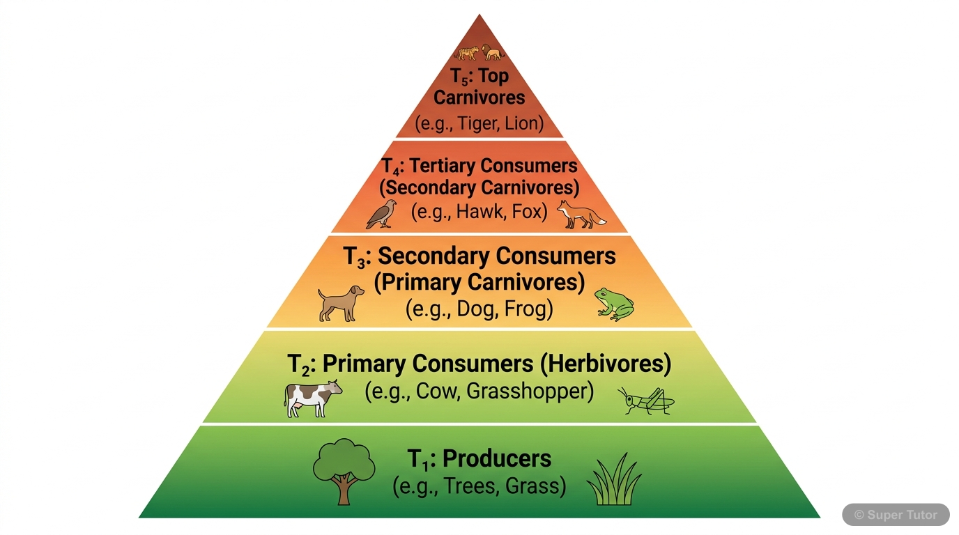 A diagram illustrating different trophic levels (T1, T2, T3, T4, T5) with examples of organisms at each level, often in a pyramid shape to hint at energy/biomass distribution.