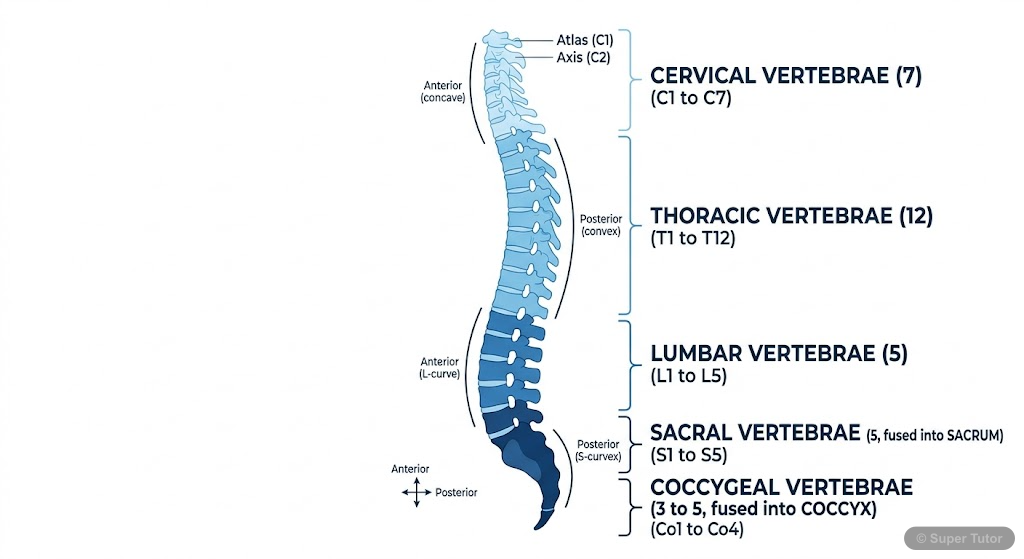 A labeled diagram of the human vertebral column, showing the different regions (cervical, thoracic, lumbar, sacral, coccygeal) and the number of vertebrae in each, including fused bones.