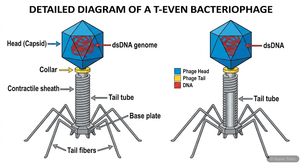 A labeled diagram of a T-even bacteriophage, showing its distinct parts: head, collar, sheath, tail fibers, and genetic material (dsDNA).