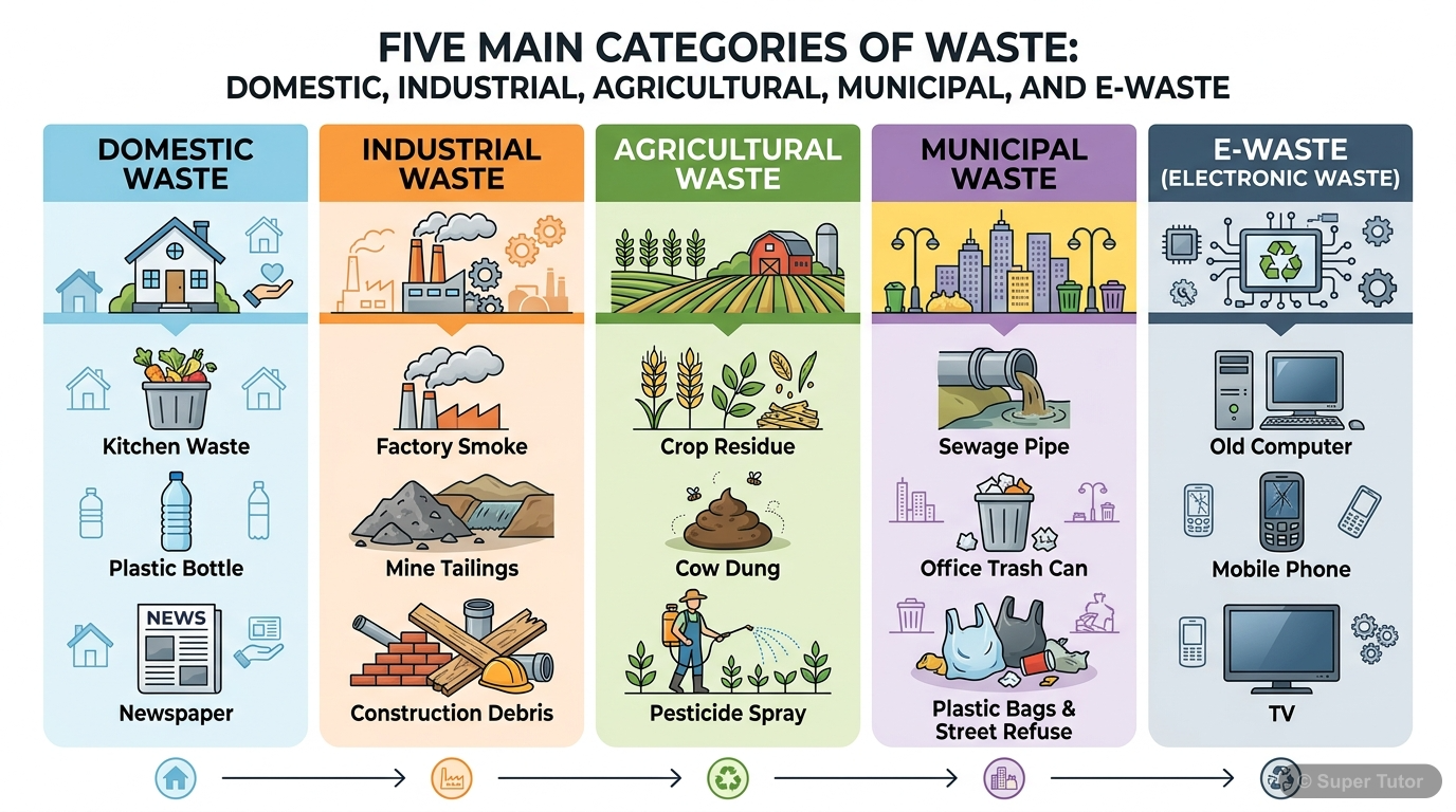An infographic illustrating the five major categories of waste: Domestic, Industrial, Agricultural, Municipal, and E-waste, with examples for each.