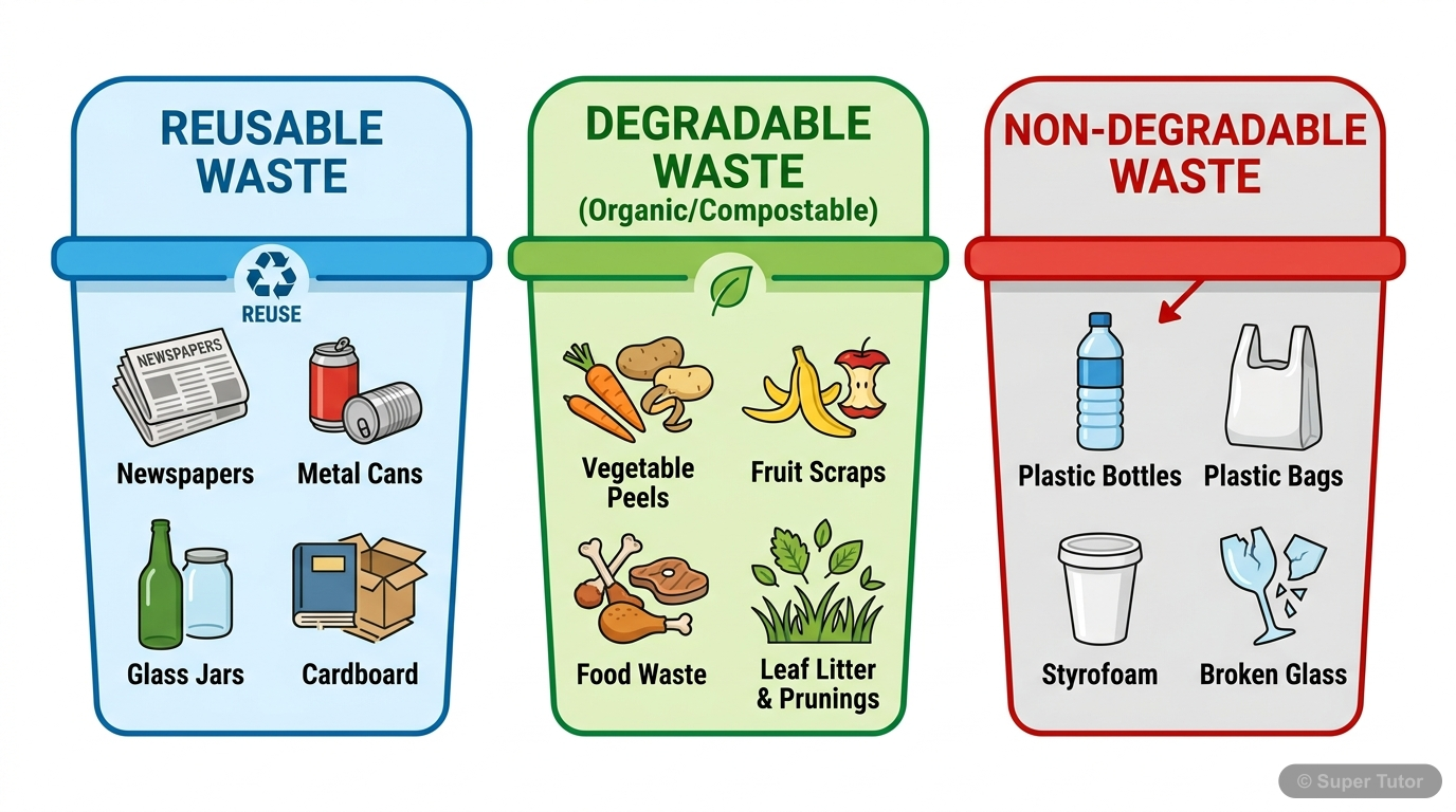 Waste Segregation Categories A diagram illustrating the three main categories of waste segregation: reusable, degradable, and non-degradable, with examples for each.